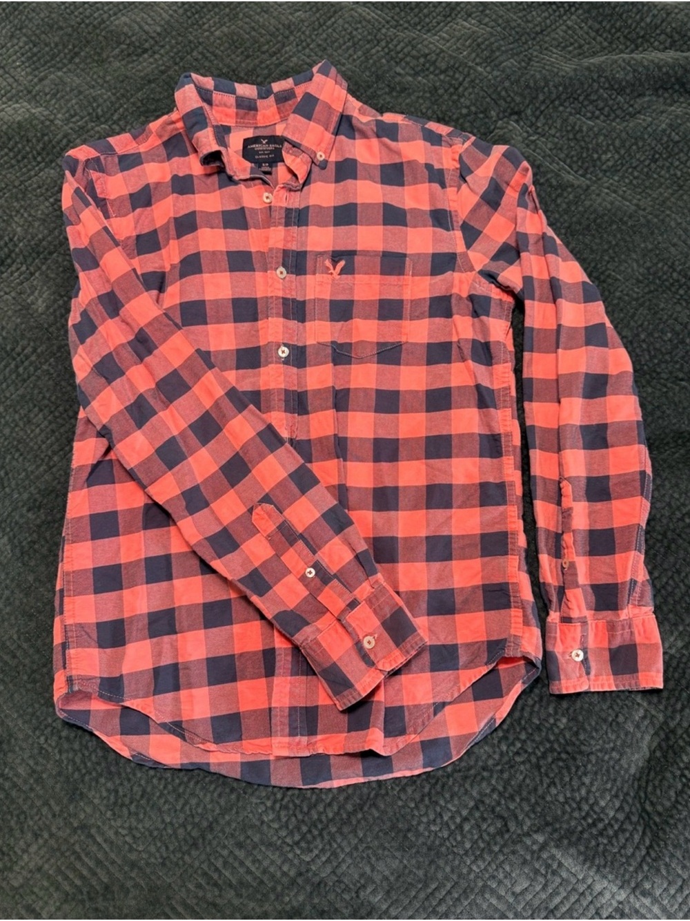 American Eagle Outfitters Men’s Coral and Navy Check Button-Down Shirt